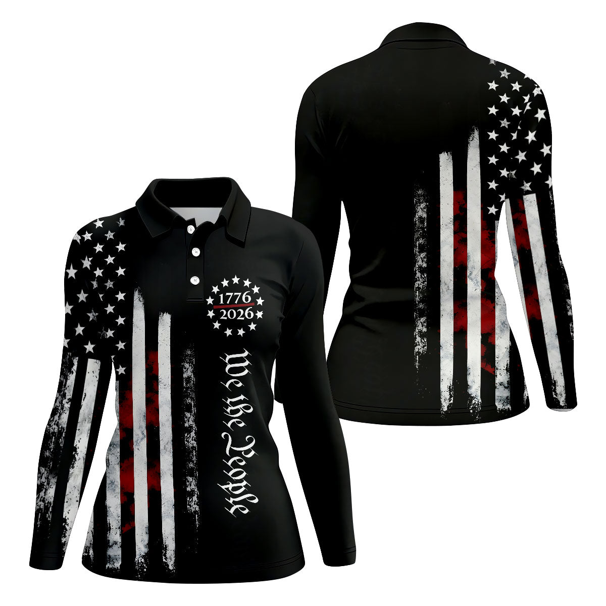 We The People Distressed Flag Patriotic Black Golf Shirt, 250 Years 4th Of July Golf Shirt For Women