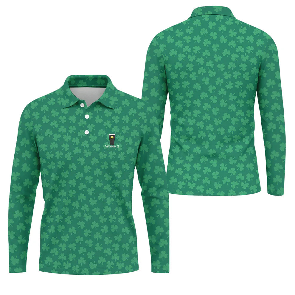 Vitamin G Shamrock Pattern Golf And Beer Green Golf Shirt, St Patrick's Day Golf Shirt, Polo ShirtFor Men