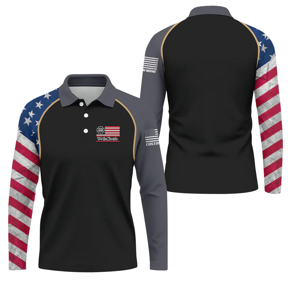 Custom Name We The People Golf Polo - Black & Gold Patriotic Men's Shirt, 250th Anniversary 1776-2026 Golfing Top