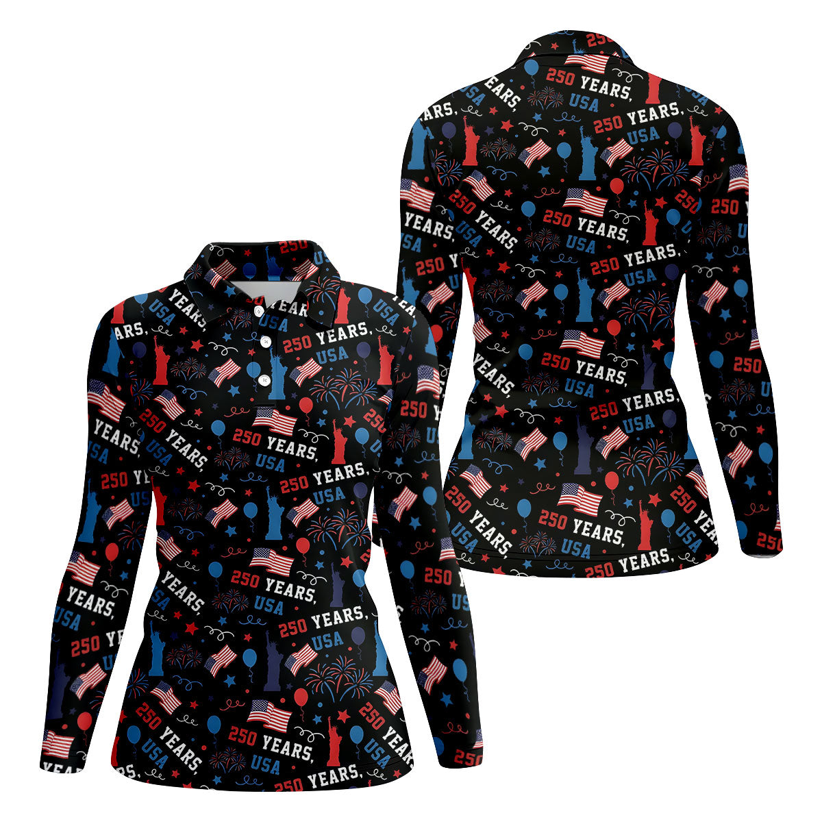 250 Years USA Red White Blue Seamless Pattern Black Golf Shirt, Patriotic 4th Of July Golf Shirt For Women