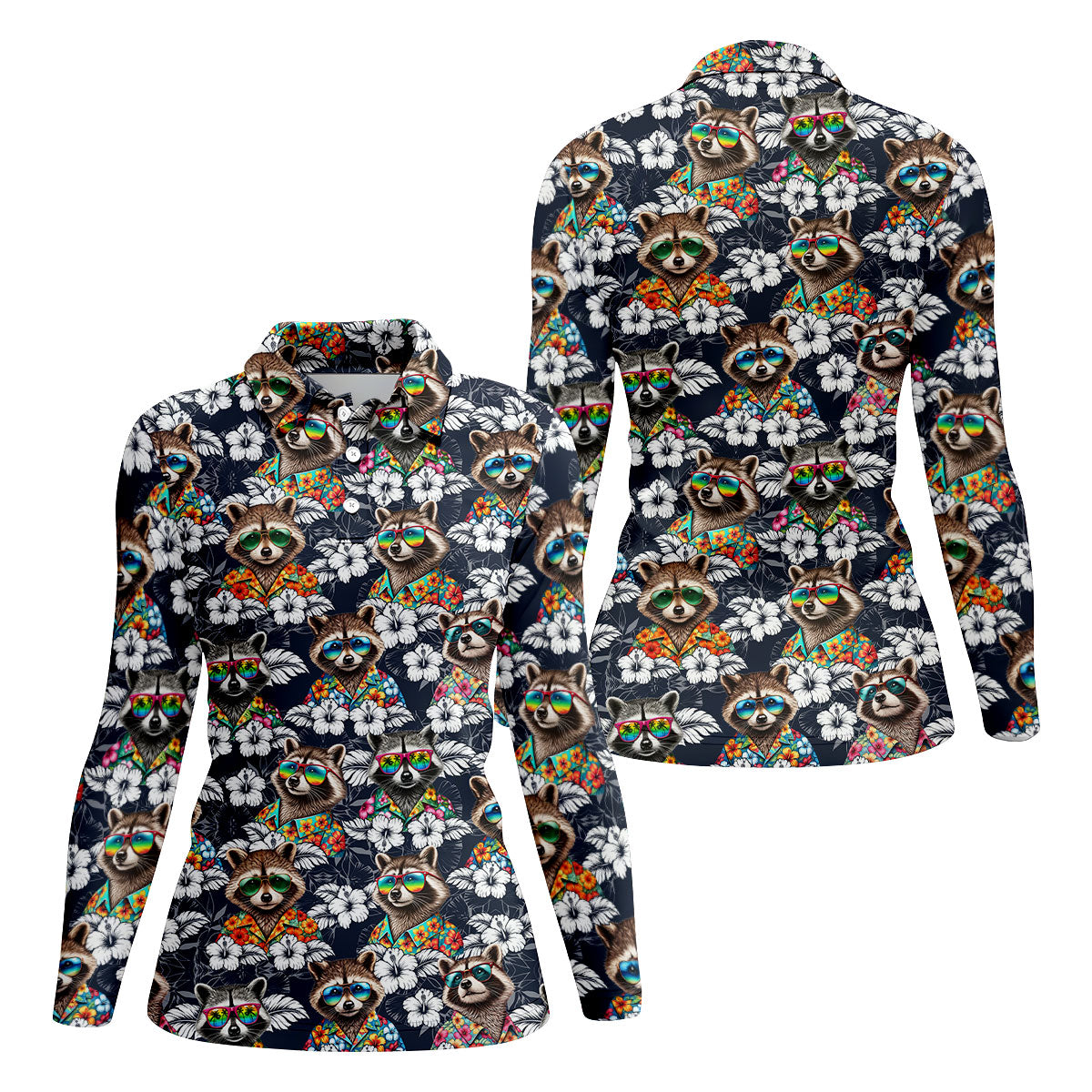 Cool Raccoons in Rainbow Sunglasses Hawaiian Golf Polo, Golf Tops For Women, Golfing Apparel