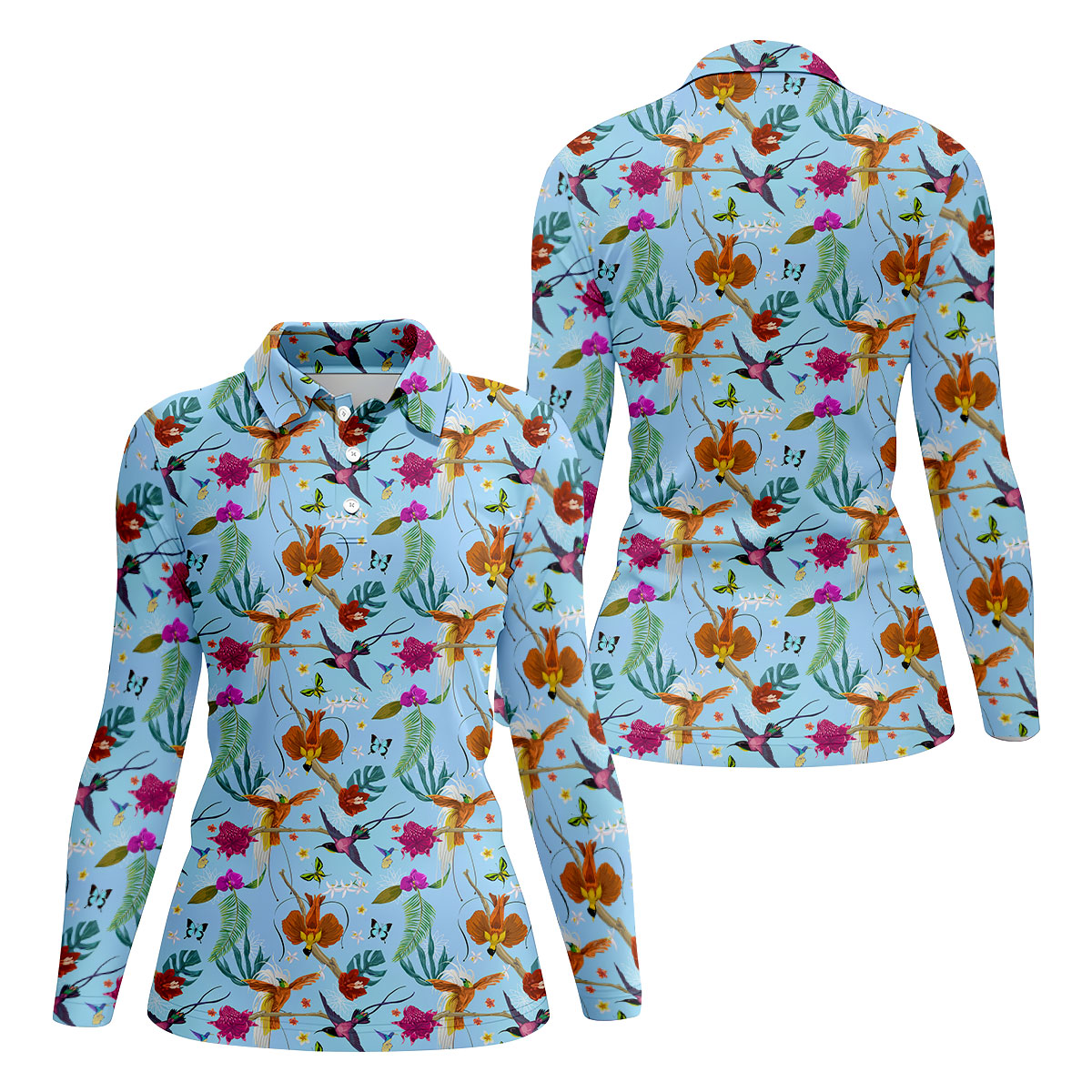 Hummingbird Paradise Golf Shirt, Tropical Flower Garden Pattern, Golf Shirt For Women