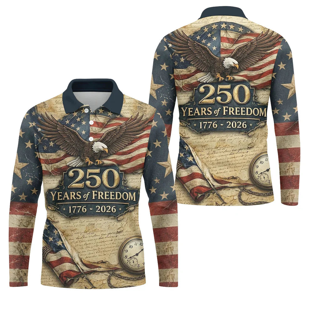 250 Years Of Freedom US Bald Eagle Retro Golf Shirt, Patriotic 4th Of July Golf Shirts For Men