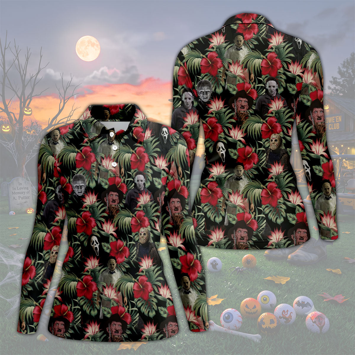 Halloween Tropical Horror Character Golf Shirt, Women's Golf Polo, Printed Golf Shirt