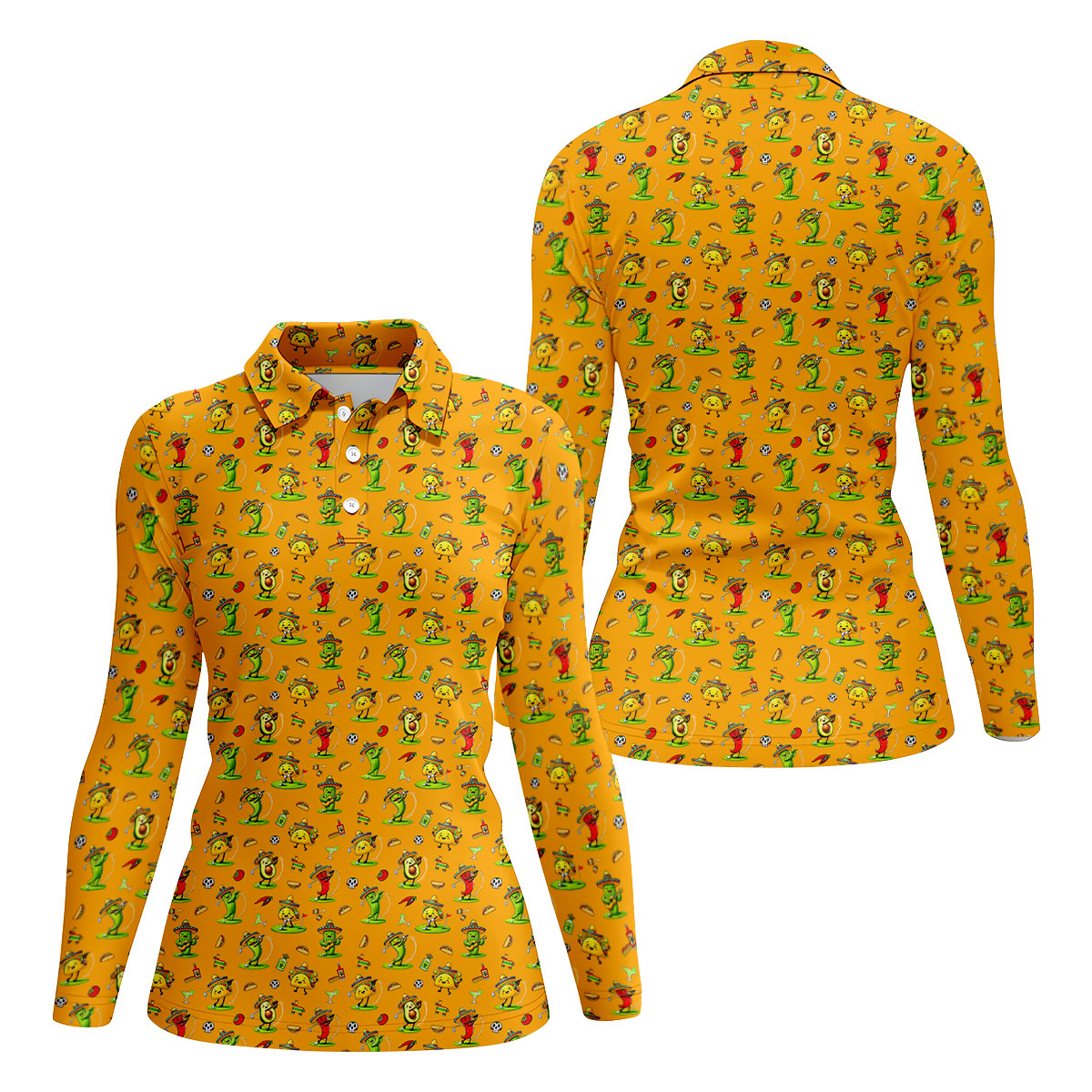 Mexican Cartoon Food Characters Cinco De Mayo Celebration Fiesta Themed Yellow Golf Shirt For Women