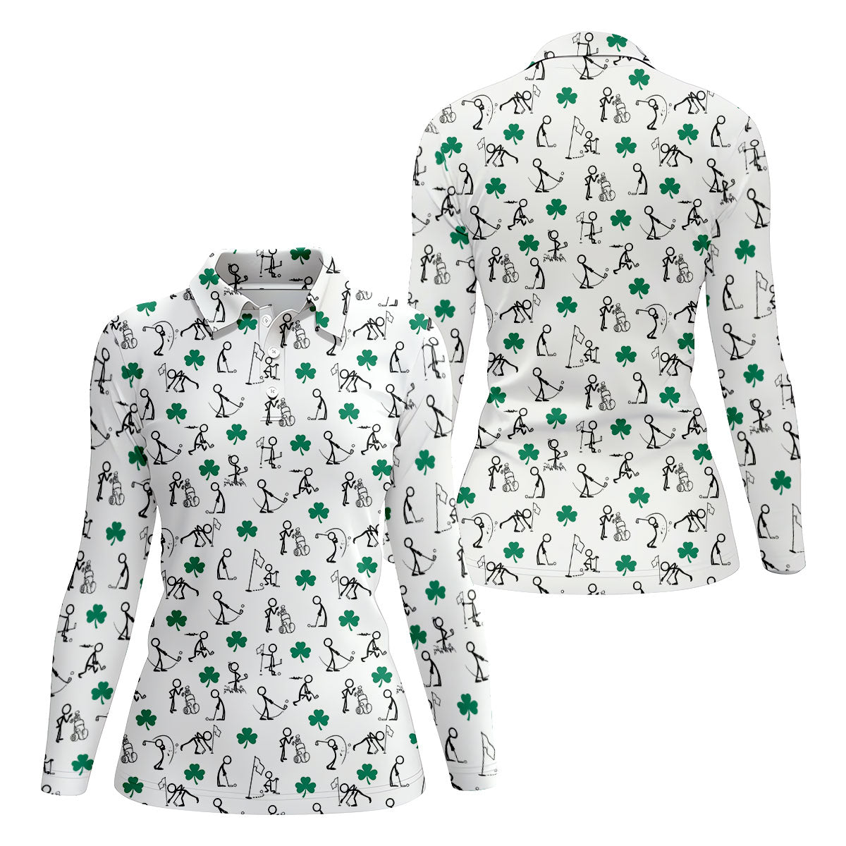 Stick Figure Golf Pose St Patrick's Day Shamrock White Golf Shirt, Women's Golf Tops, Ladies Golf Polos