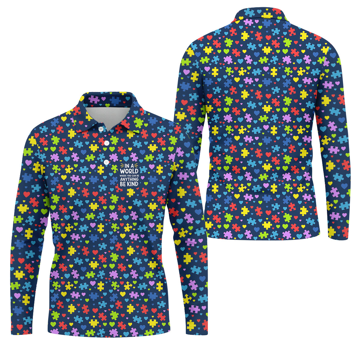 In A World Where You Can Be Anything Be Kind Autism Awareness Puzzle Pattern Navy Golf Shirt, Polo ShirtFor Men