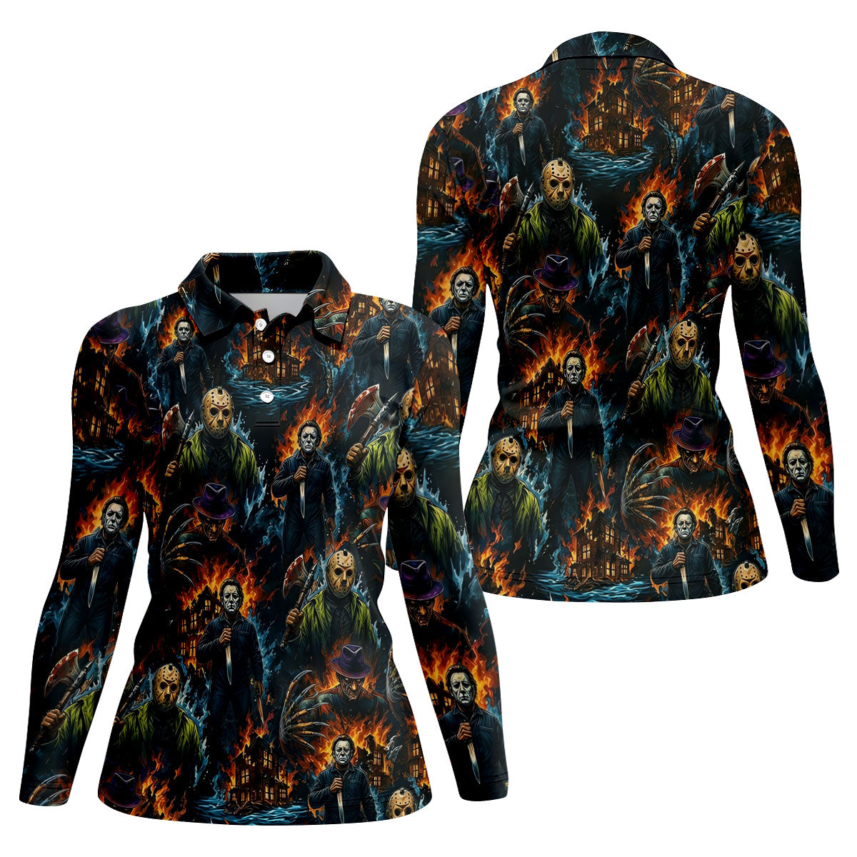 Horror Character Fire Collage Halloween Polo Shirt, Women’s Golf Polo, Golf Tops For Women
