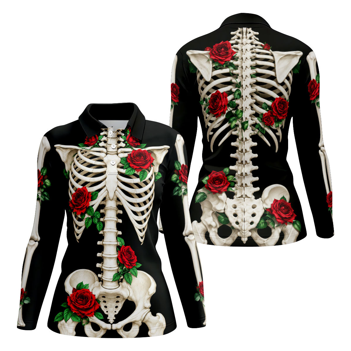 Skeleton Rib Cage And Red Roses Halloween Polo Shirt, Golf Tops For Women, Women’s Golf Polo