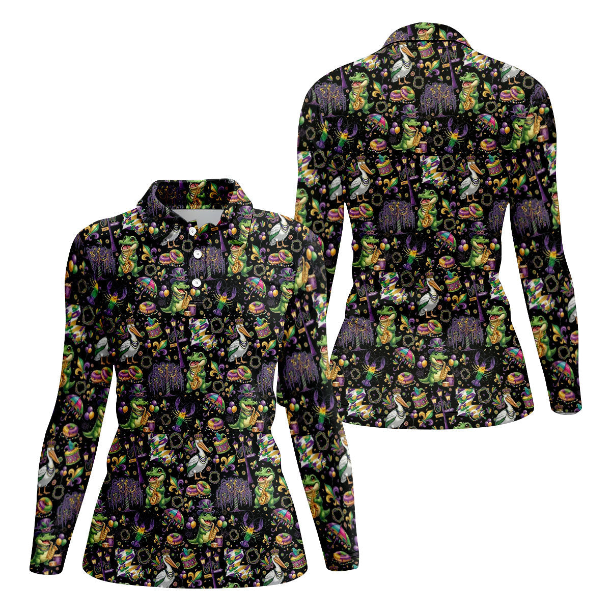 Mardi Gras Fleur De Lis Animal Band Black Golf Shirt, Women's Golf Shirts, Ladies Golf Polos