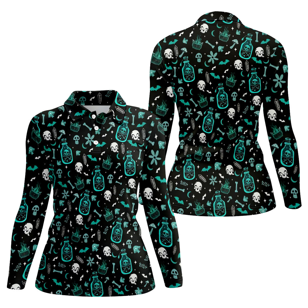 Skull Potion Halloween Pattern Polo Shirt, Golf Tops For Women, Womens Golf Apparel