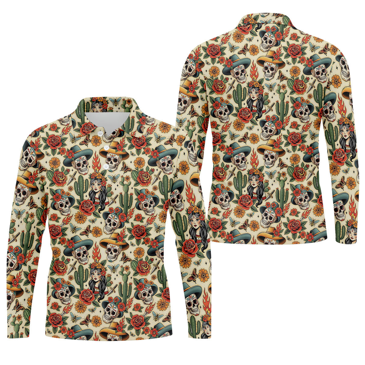 Day Of The Dead Sugar Skull Floral Polo Shirt, Mens Golf Polo, Hawaiian Golf Shirt