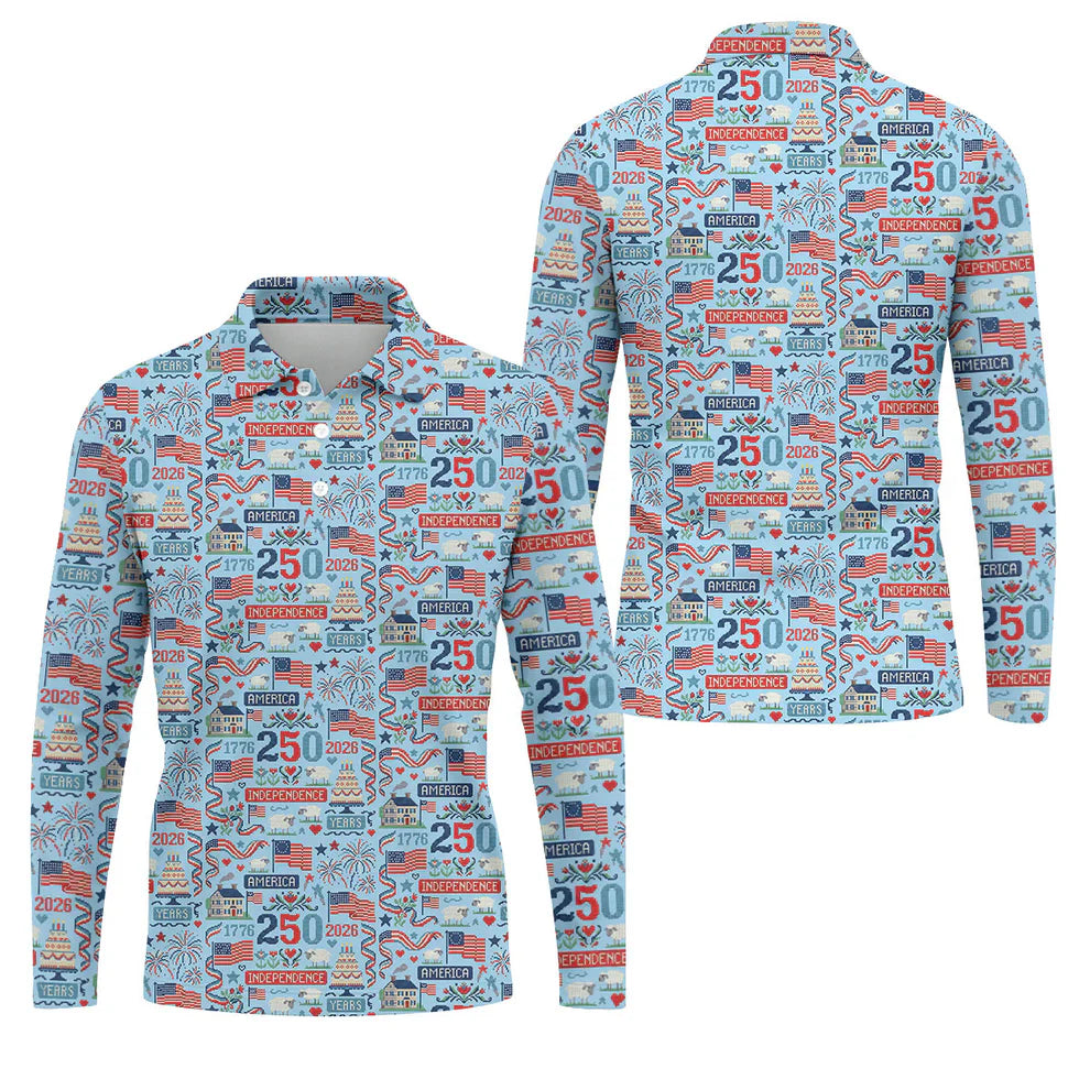 America Independence 250 Years Blue Golf Shirt, Patriotic 4th Of July Golf Shirts For Men