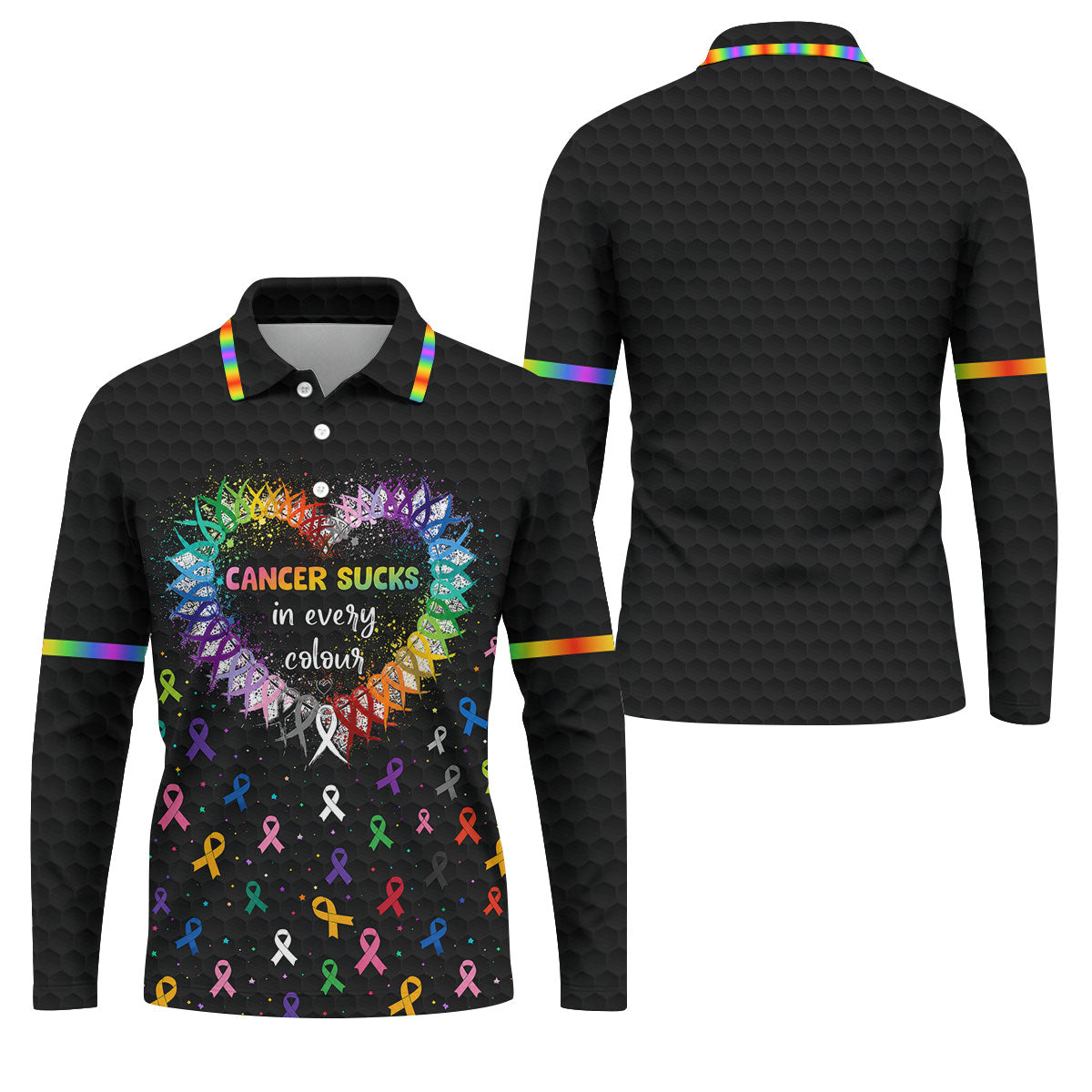 Cancer Sucks In Every Colour Awareness Ribbon Golf Polo Shirt, Mens Golf Apparel