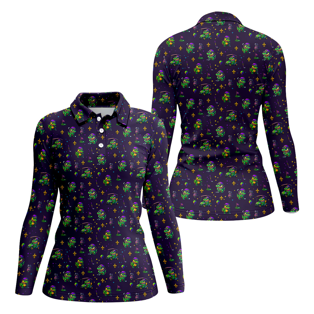 Funny Crocodile Mardi Gras Golf Shirts, Purple Golf Shirt, Festive Women Golf Top, Ladies Golf Shirts