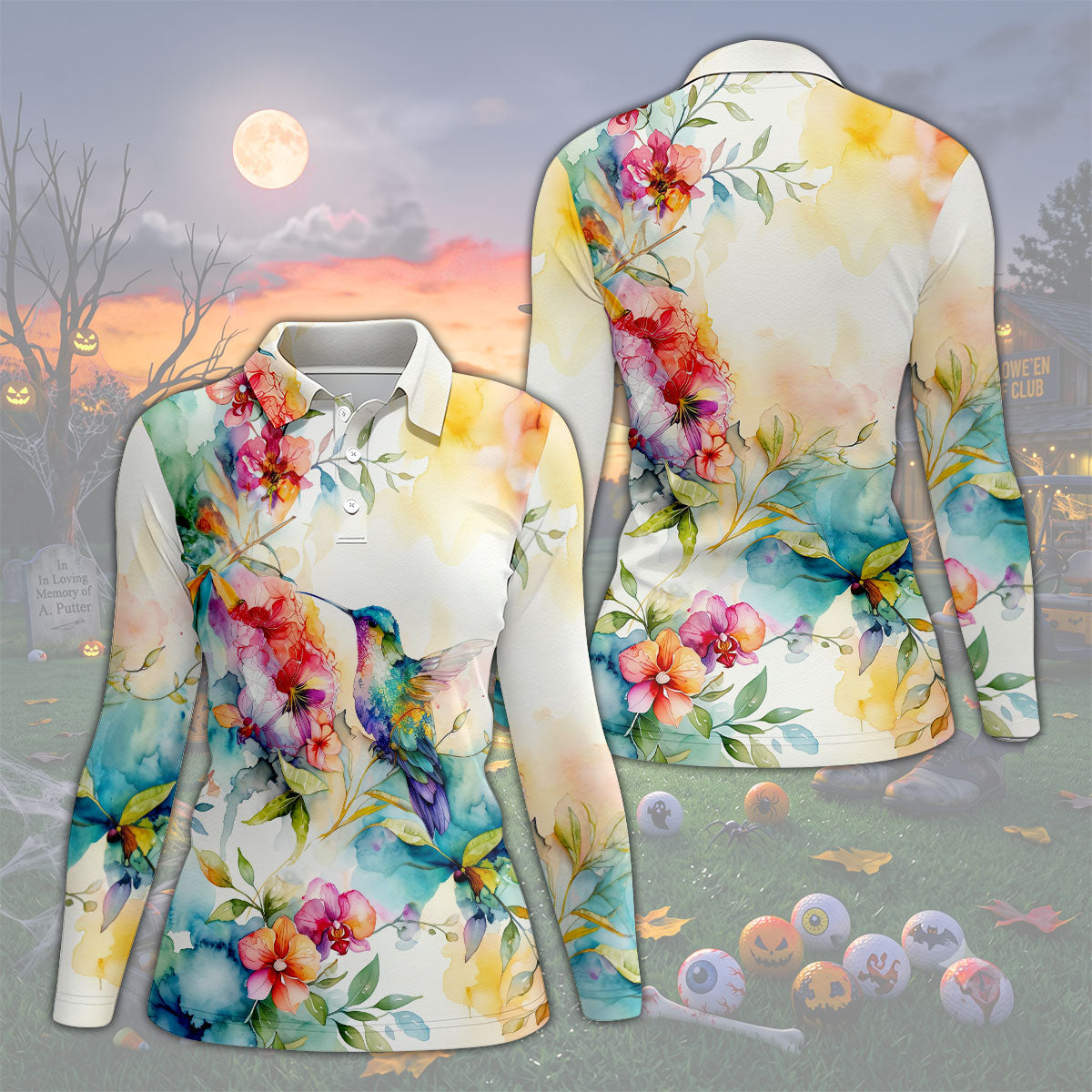 Watercolor Hummingbird Floral Polo Shirt, Ladies Golf Shirts, Women’s Golf Apparel
