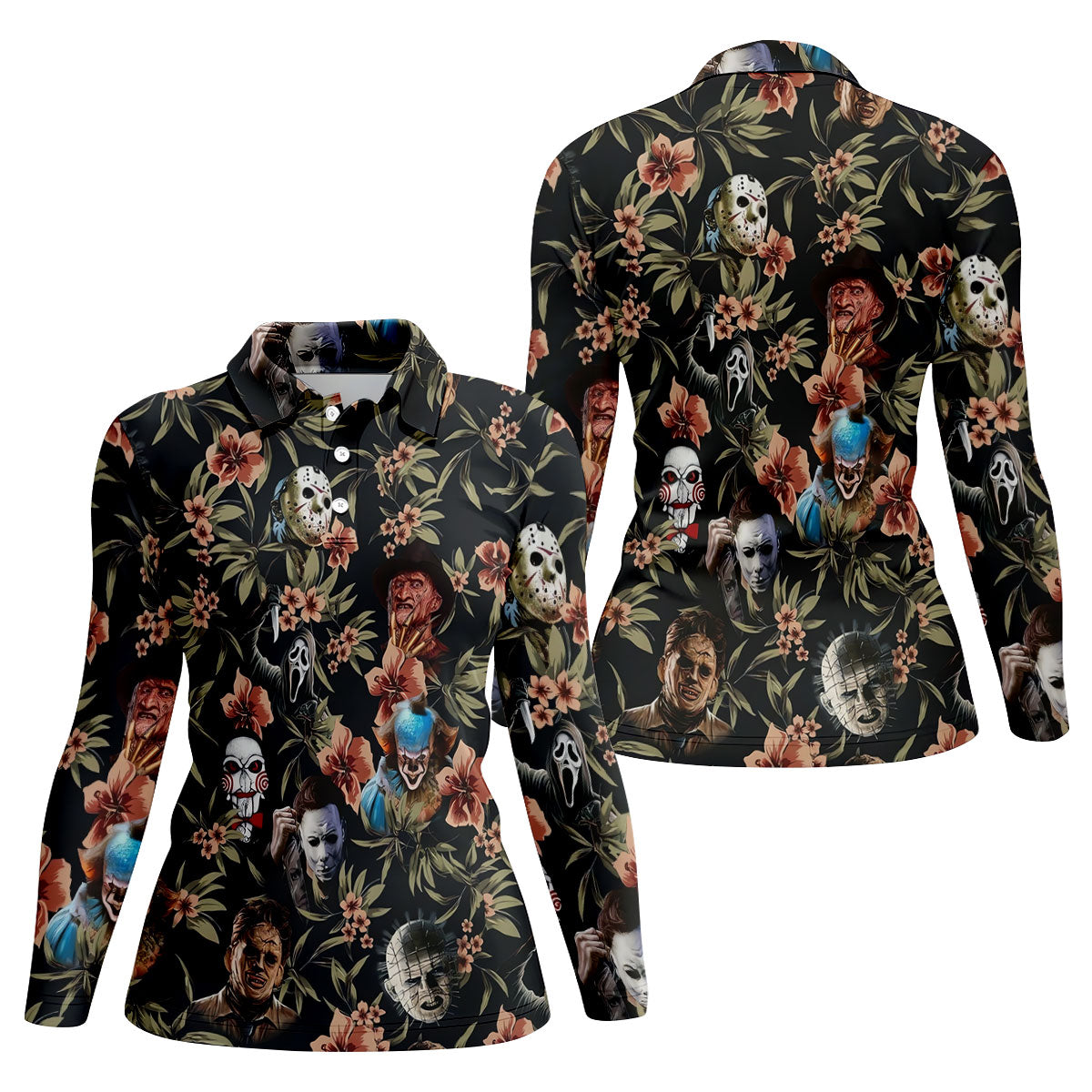 Dark Floral Horror Character Halloween Golf Shirt, Women’s Golf Polo, Printed Golf Shirt