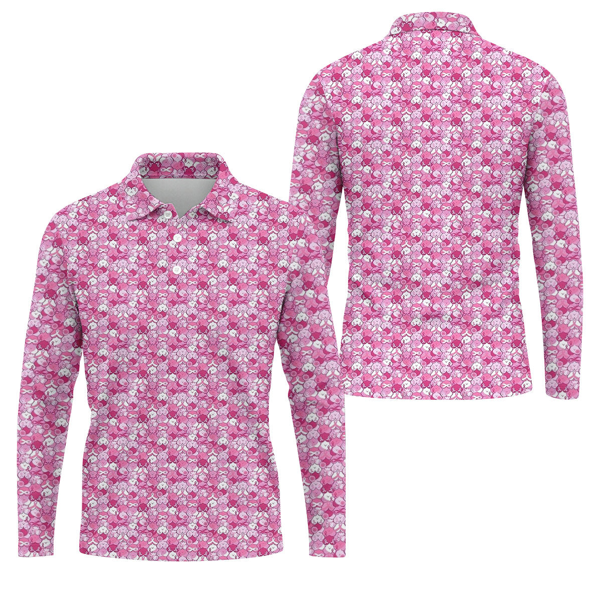 Pink Breast Cancer Hearts And Ribbons Polo Shirt, Golf Shirts For Men, Mens Golf Polo