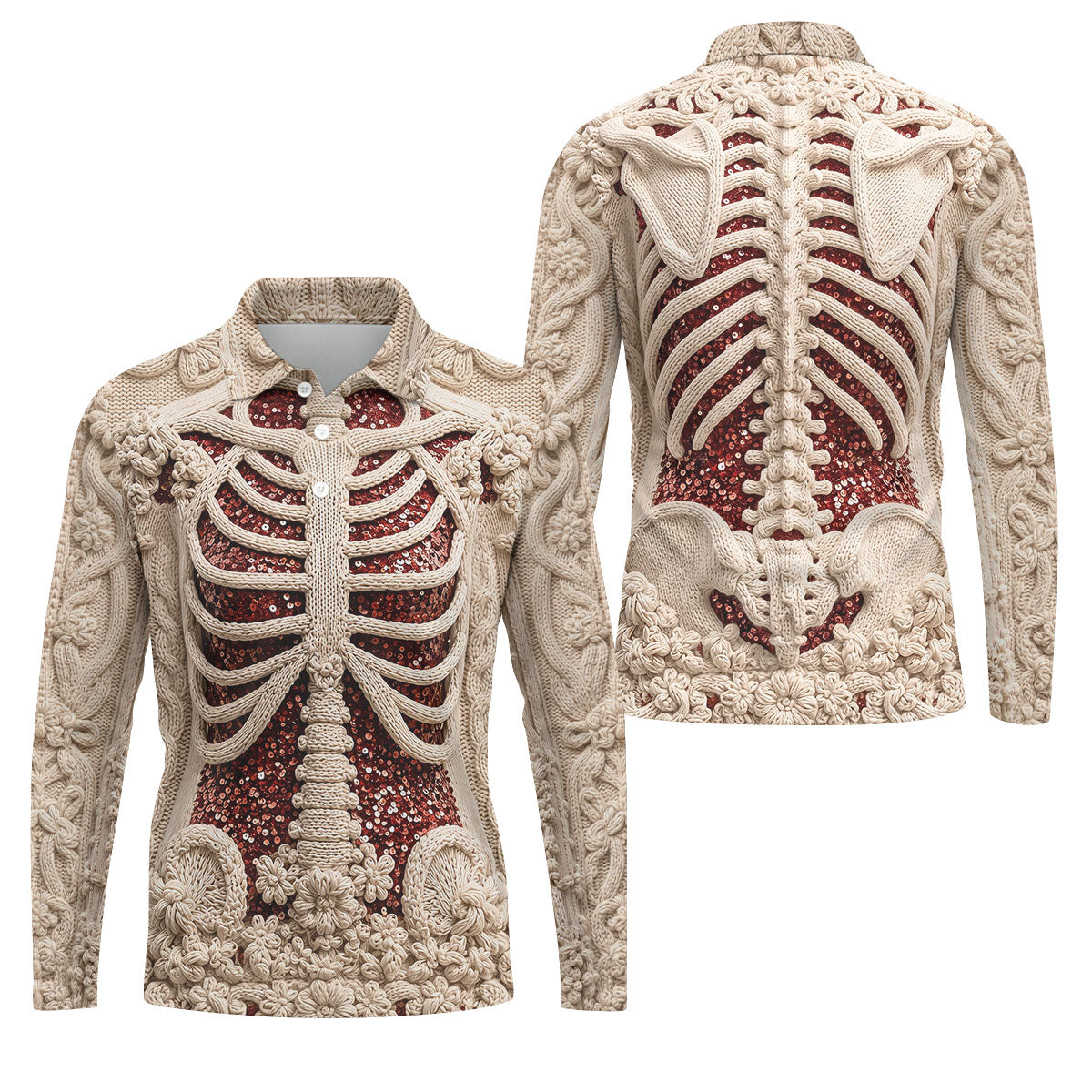 Knitted Skeleton Sequin Halloween Polo Shirt, Mens Golf Polo, Golf Apparel For Men