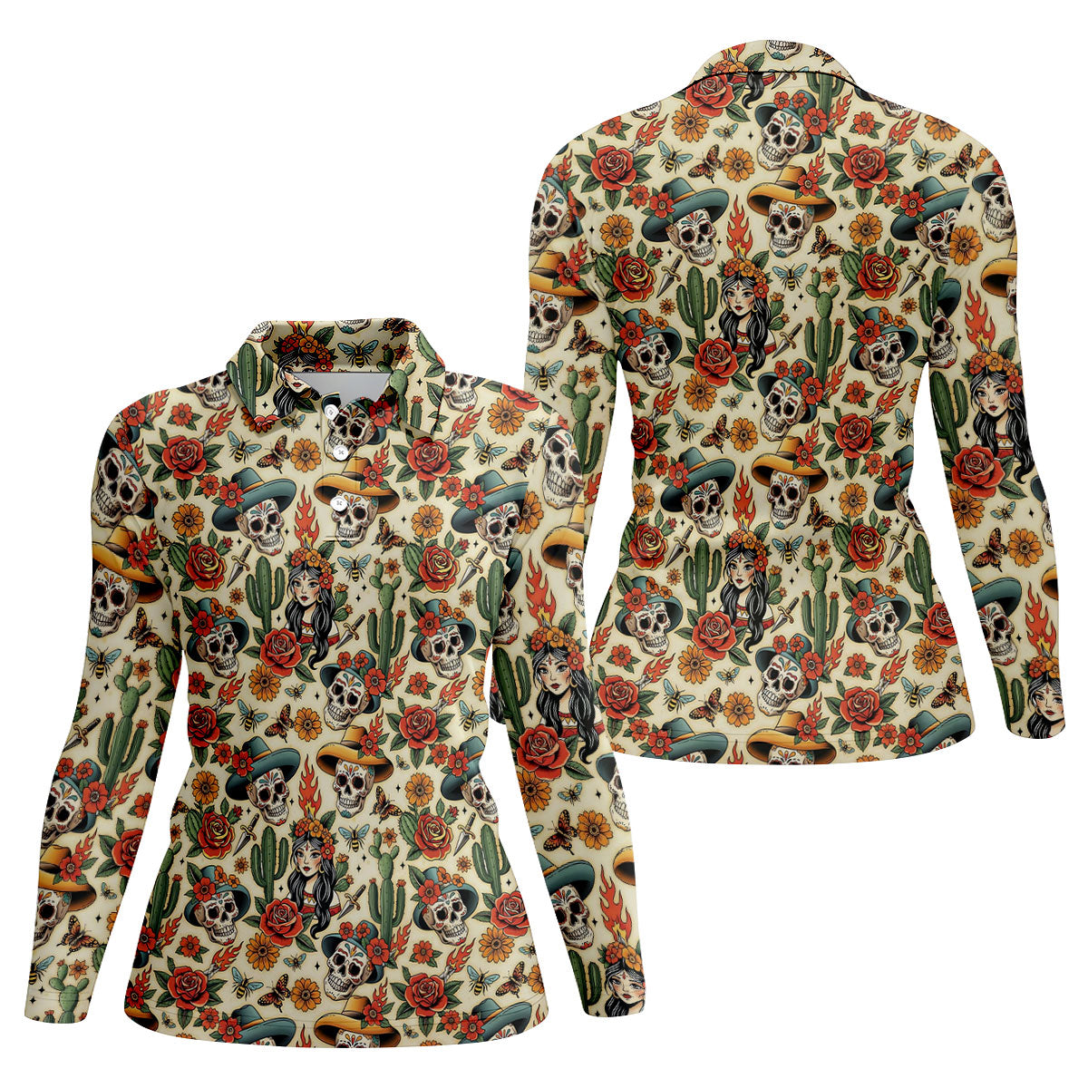 Day Of The Dead Sugar Skull Floral Polo Shirt, Womens Golf Polo, Hawaiian Golf Shirt