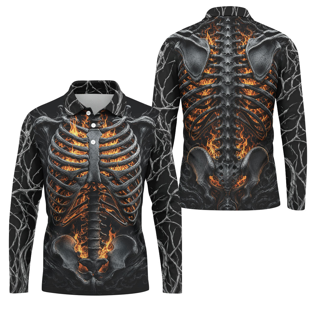Halloween Fire Skeleton Horror Character Polo Shirt, Mens Golf Polo, Mens Golf Shirts