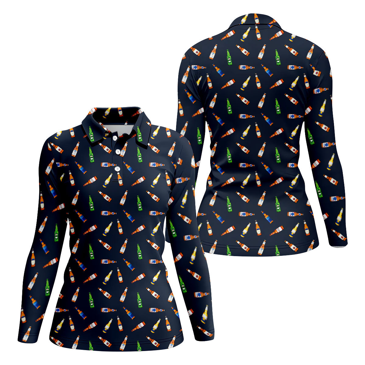 Beer Bottle Labels Seamless Pattern Fun Women's Golf Shirts, Women's Golf Tops, Ladies Golf Shirt
