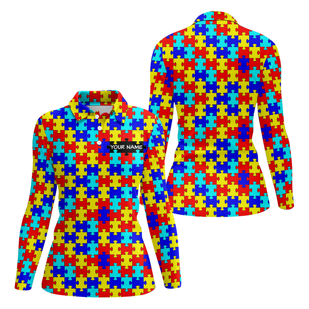 Autism Awareness Colorful Puzzle Pattern Ladies Golf Shirts, Golf Shirt For Women, Ladies Golf Polos