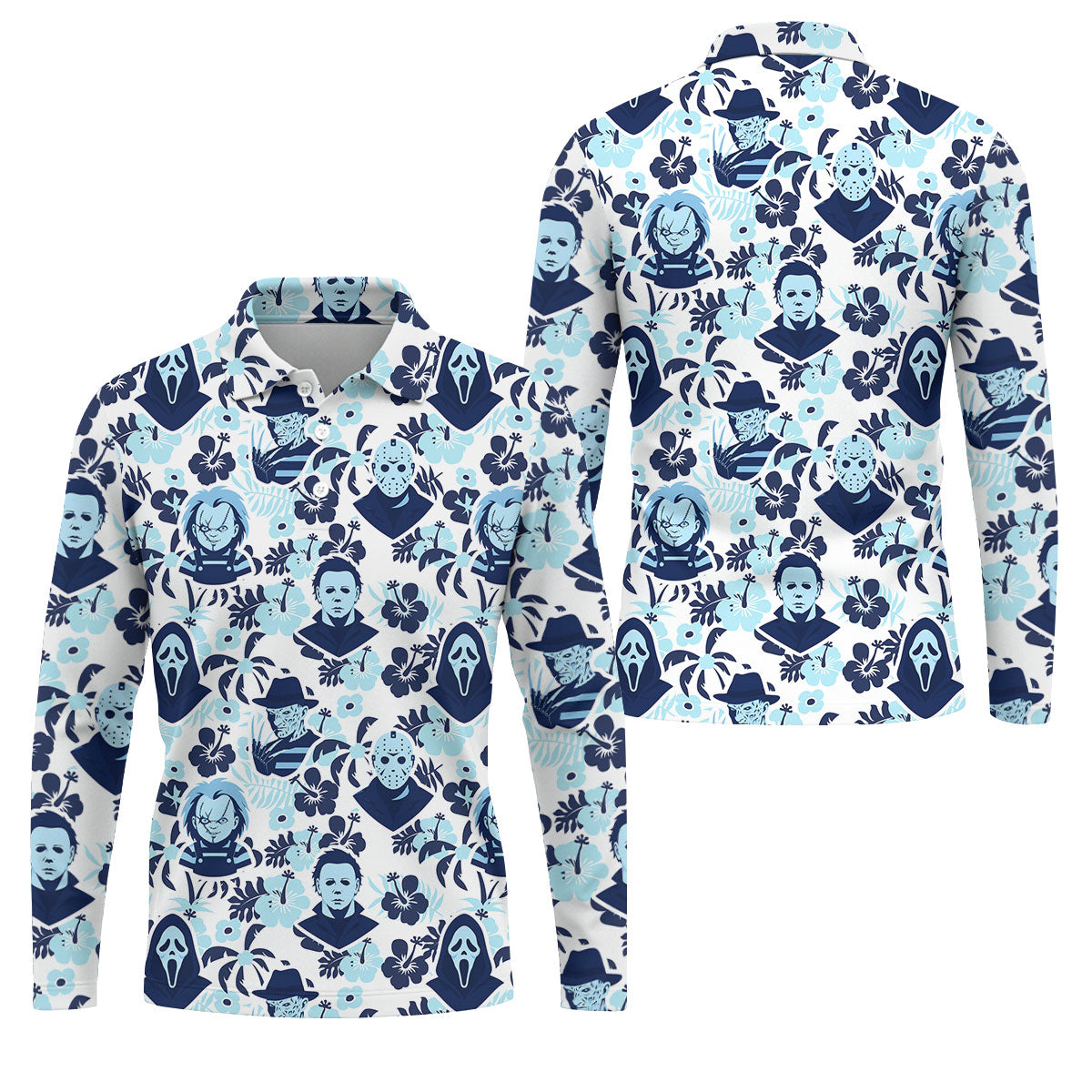 Blue Tropical Horror Character Halloween Golf Shirt, Mens Golf Apparel, Hawaiian Golf Shirt