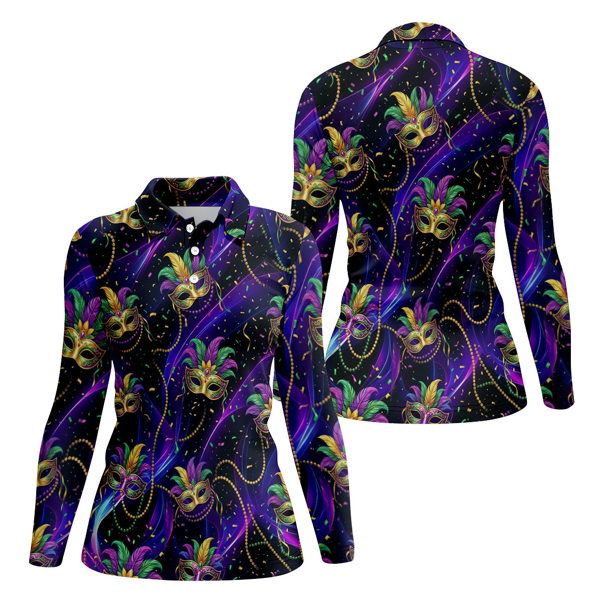 Mardi Gras Carnival Mask Neon Purple Black Golf Shirt, Women's Golf Tops, Ladies Golf Shirts