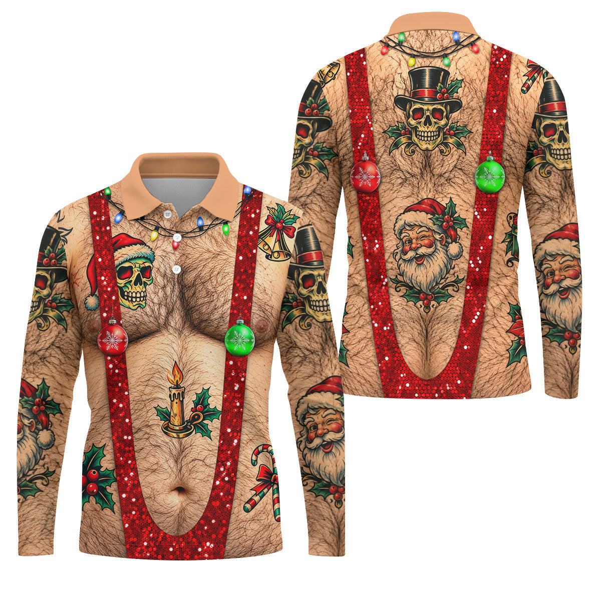 Santa Skull Hairy Chest Christmas Golf Shirt, Mens Golf Polo, Golf Shirts For Men
