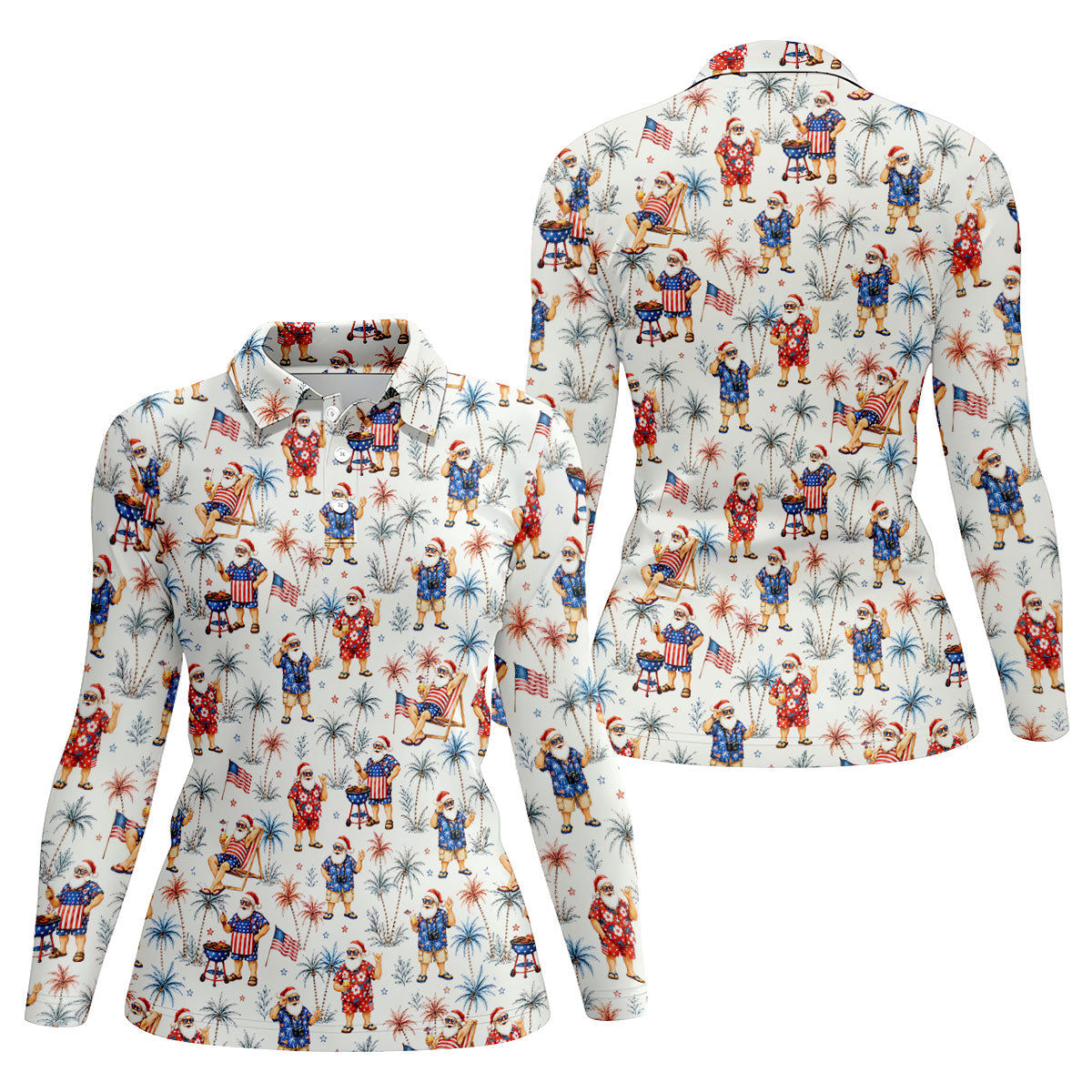 Patriotic Santa Tropical Christmas Polo Shirt, Womens Golf Polo, Hawaiian Golf Shirt