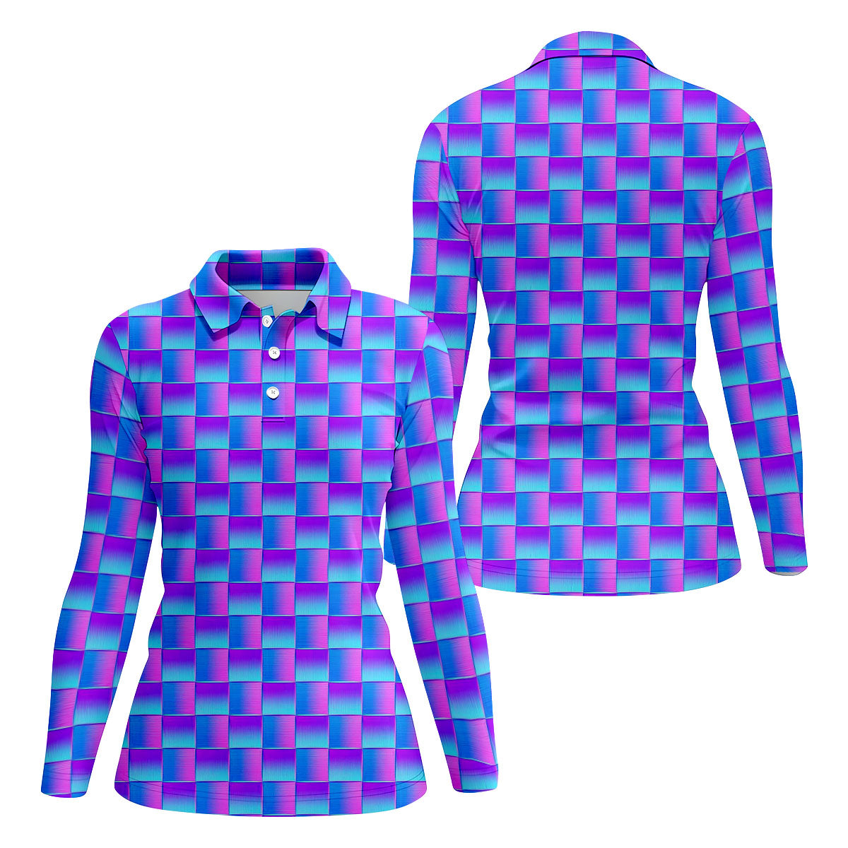 Purple Blue Gradient Checkered Pattern Golf Shirt, Ladies Golf Shirts, Women’s Golf Apparel, Printed Golf Shirt