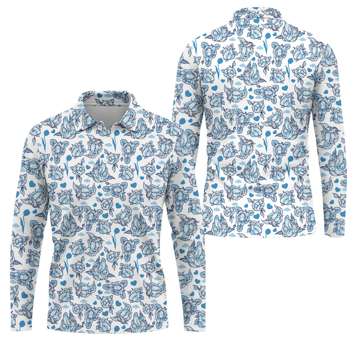 Blue Rose Floral Heart Pattern Golf Shirt, Polo Shirts For Men, Printed Golf Shirts