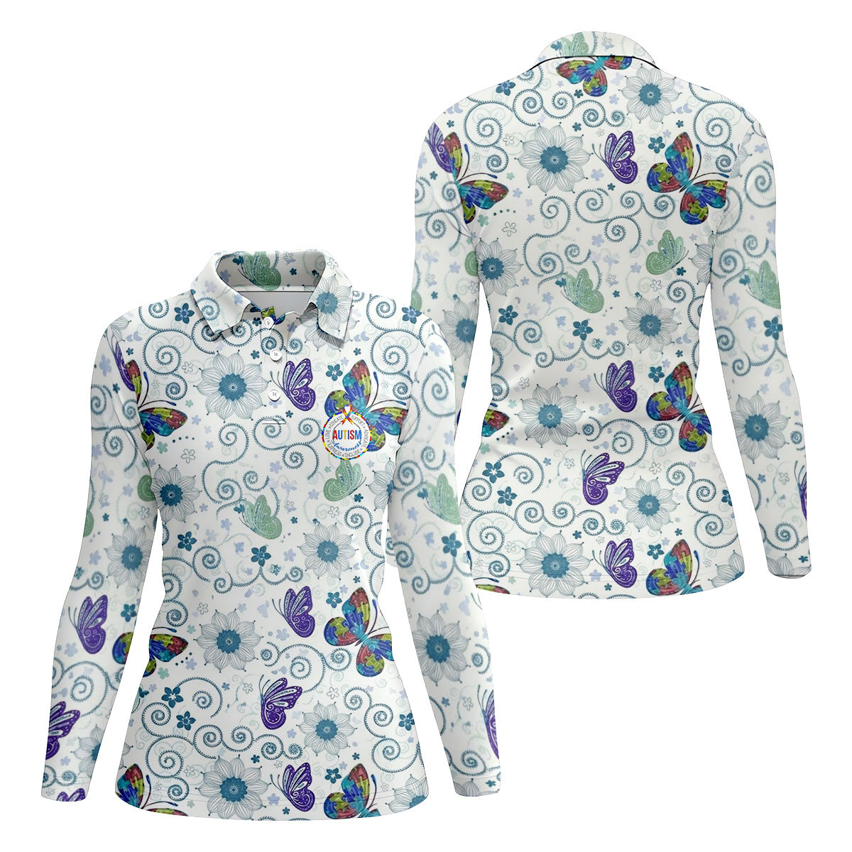 Autism Awareness Flower And Butterfly Puzzle Ribbon Golf Shirt For Women, Ladies Golf Polos