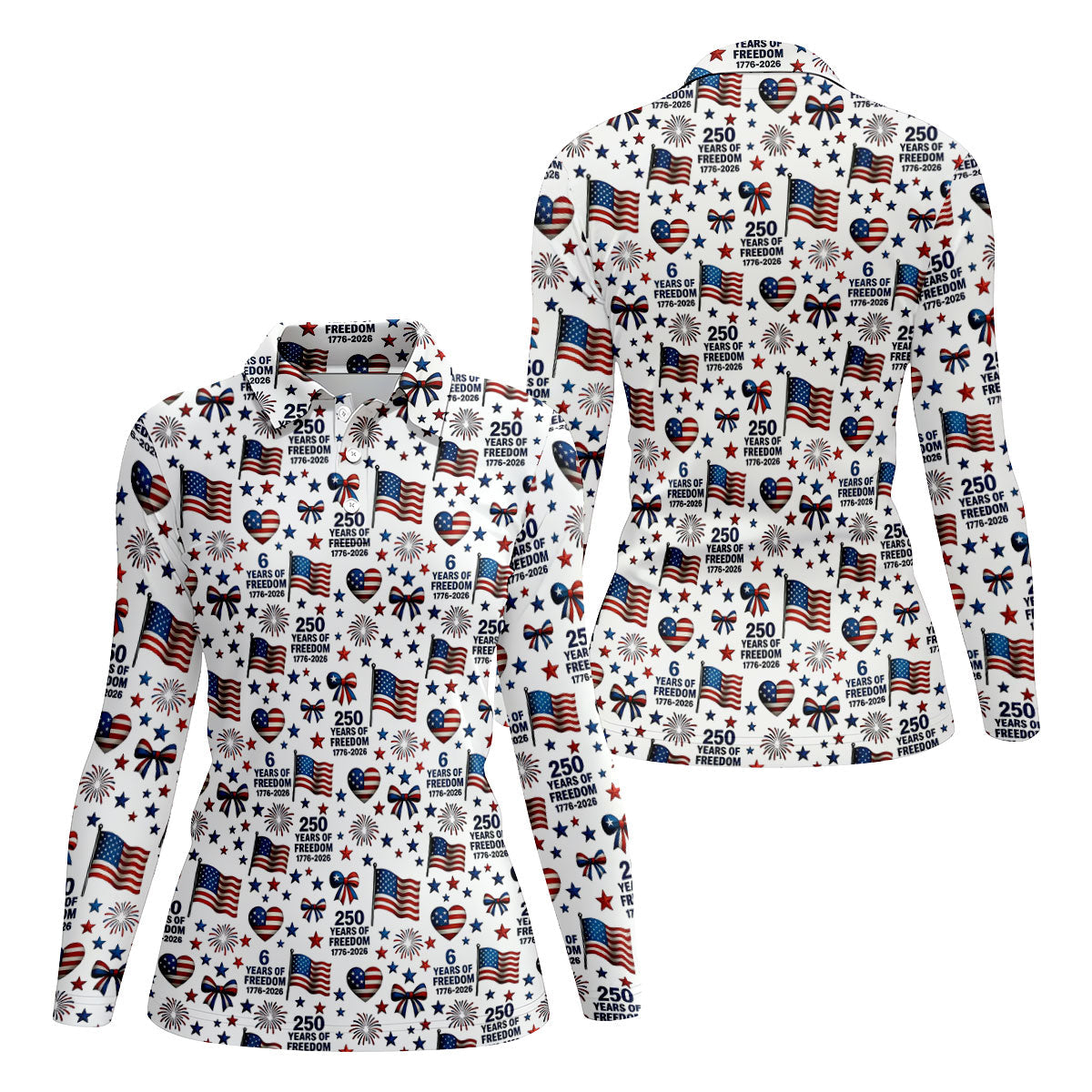 250 Years Of Freedom 1776-2026 American Flag Pattern Patriotic Golf Shirt, 250th Anniversary Golf Shirt For Women