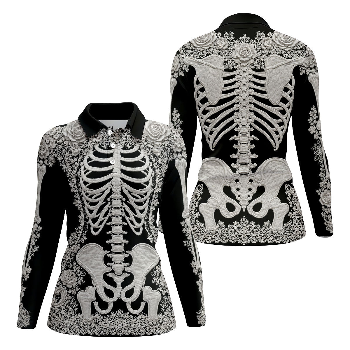 Floral Skeleton Halloween Golf Polo Shirt, Women’s Golf Polo, Golf Shirts For Women