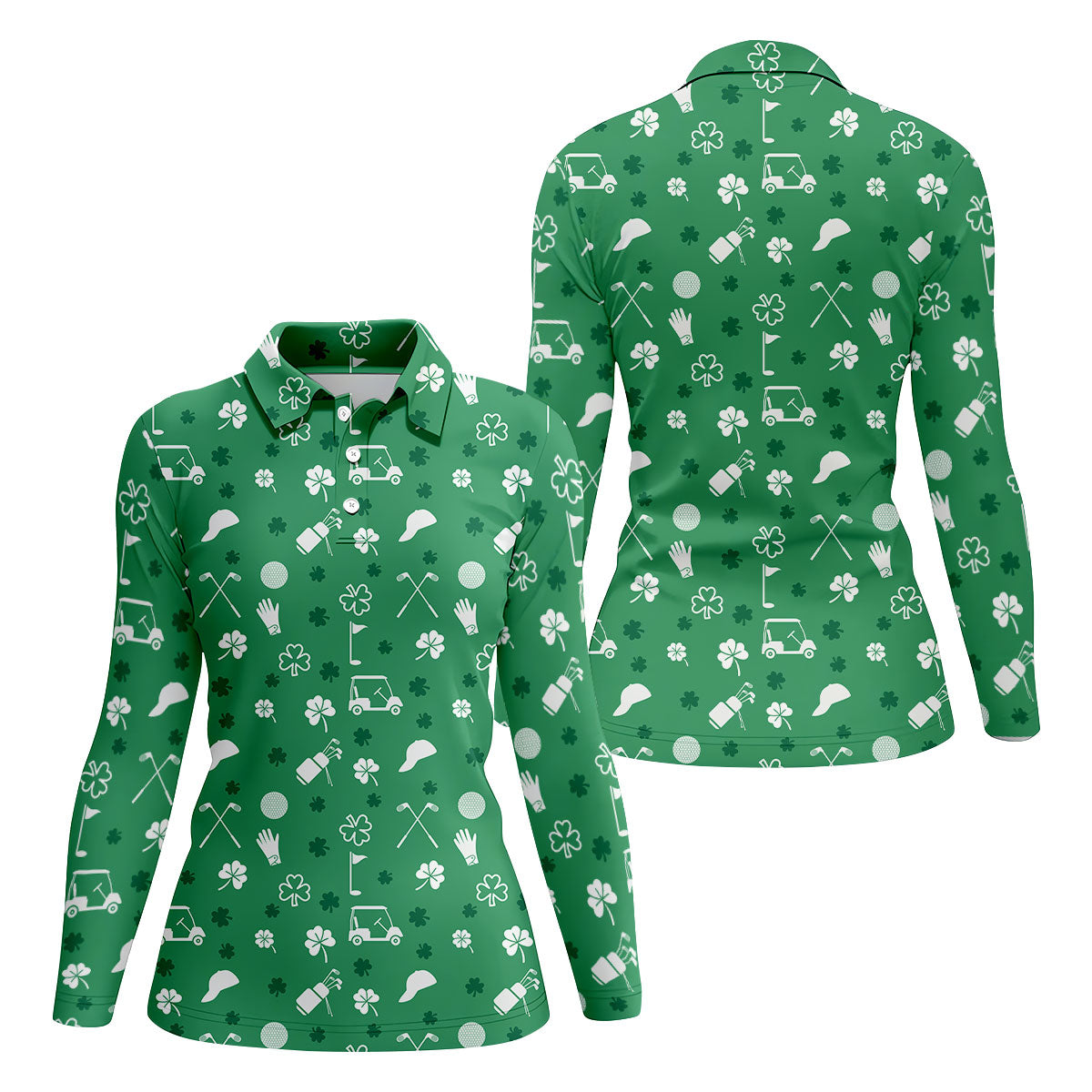 Golf Items Seamless Pattern St. Patrick’s Day Shamrock Golf Shirt, Women's Golf Tops, Ladies Golf Polos