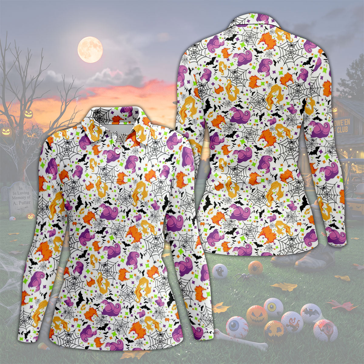 Halloween Witch Horror Character Pattern Polo Shirt, Women's Golf Tops, Ladies Golf Shirts