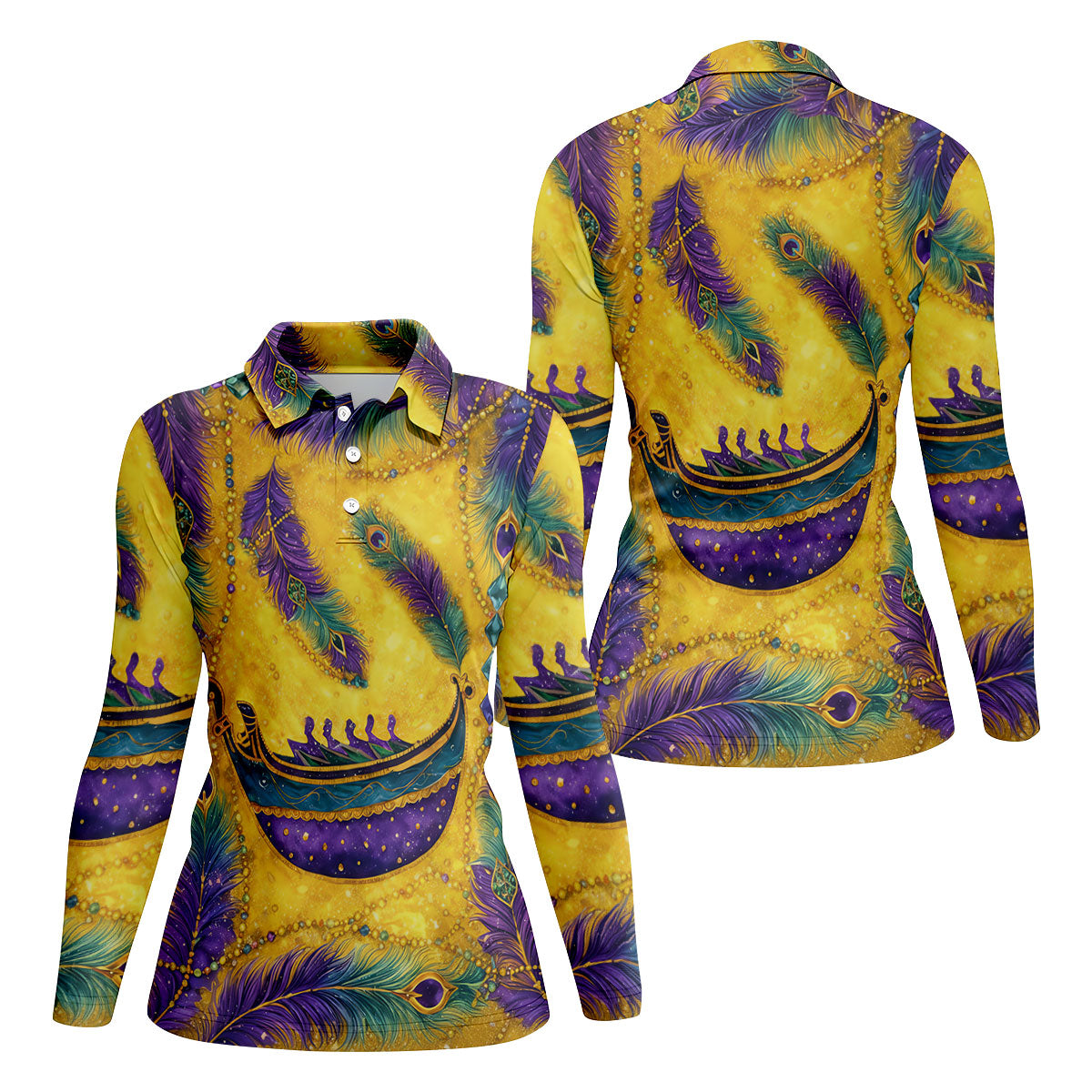 Mardi Gras Day Gradient Art Feather Print Retro Women's Golf Tops, Ladies Golf Shirts