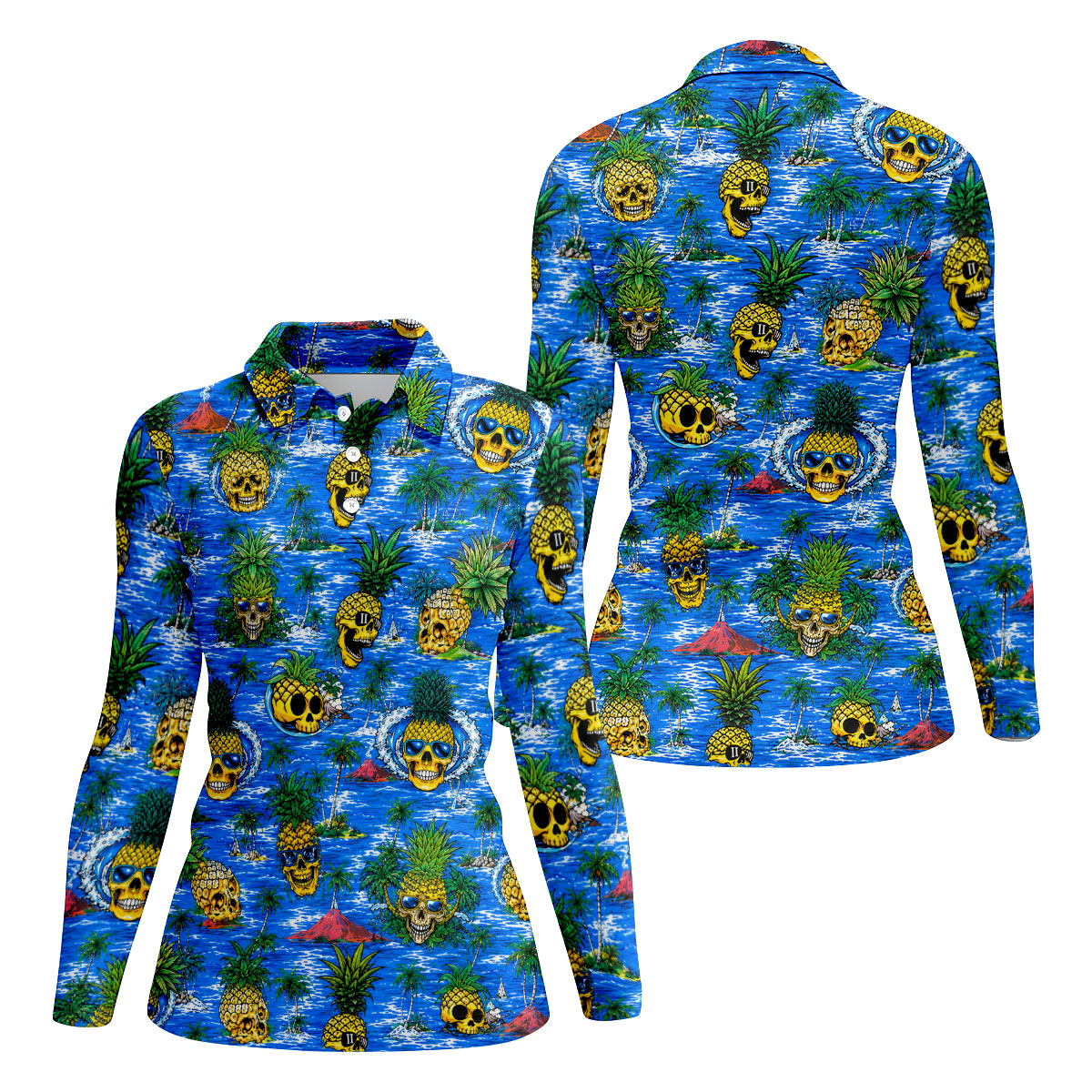 Pineapple Skull Golf Shirt, Tropical Island Volcano Pattern, Golf Shirt For Women