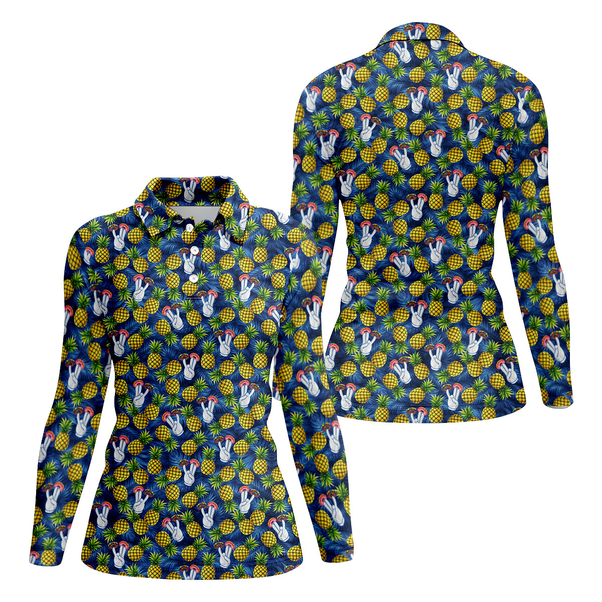 Hawaiian Pineapples Donut Finger Blue Green Yellow Fun Women's Golf Shirts, Women's Golf Tops, Ladies Golf Shirts