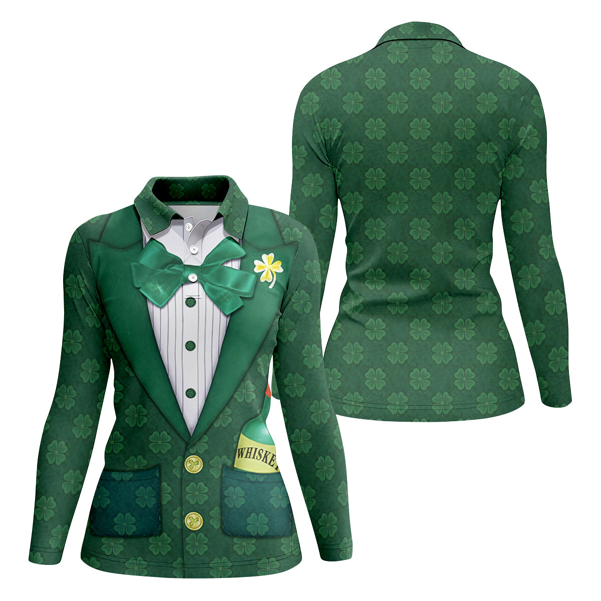 St Patrick's Day Green Shamrock Suit Whiskey Golf Print Golf Shirt, Women's Golf Tops, Ladies Golf Polos