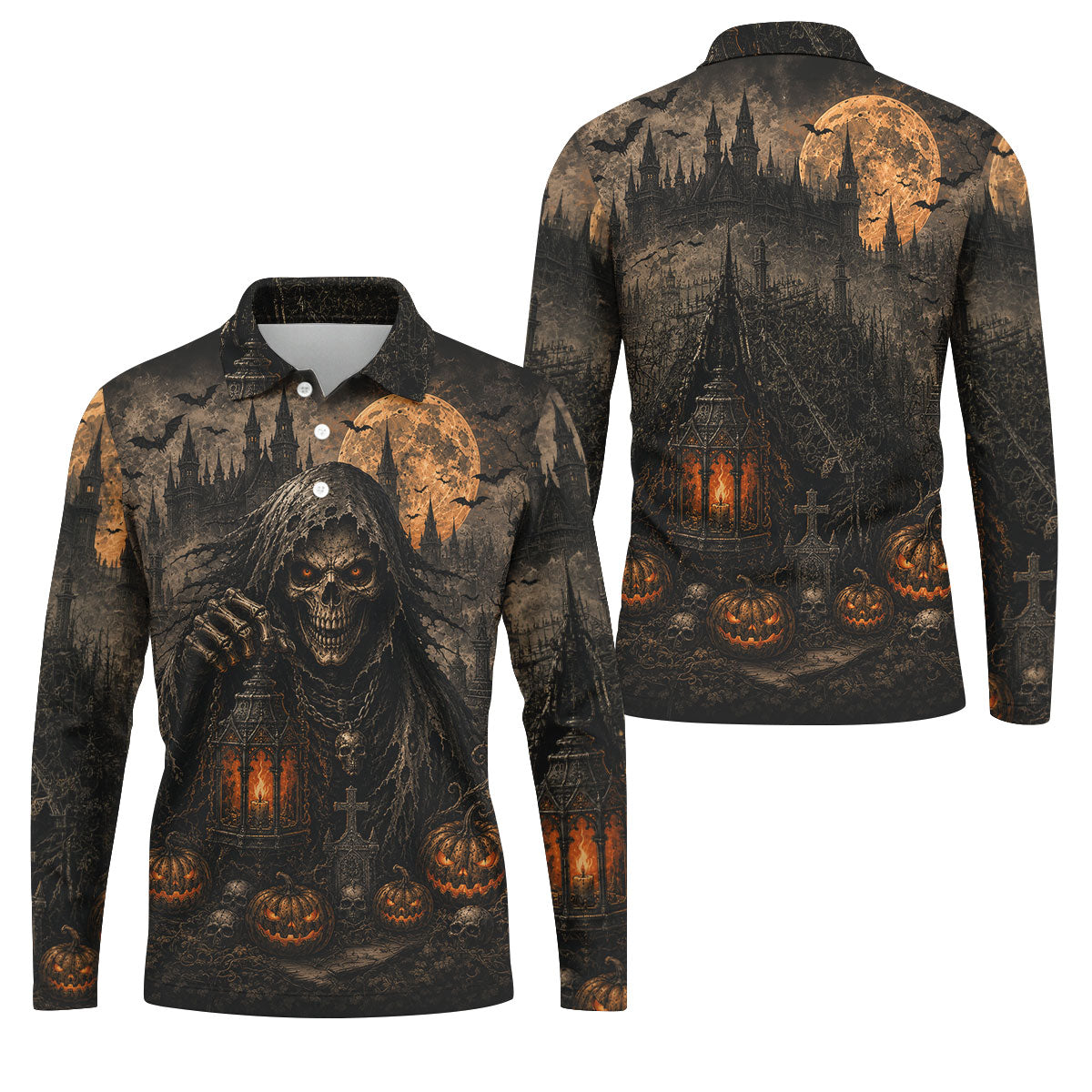 Grim Reaper Lantern Halloween Horror Character Polo Shirt, Mens Golf Polo, Mens Golf Apparel