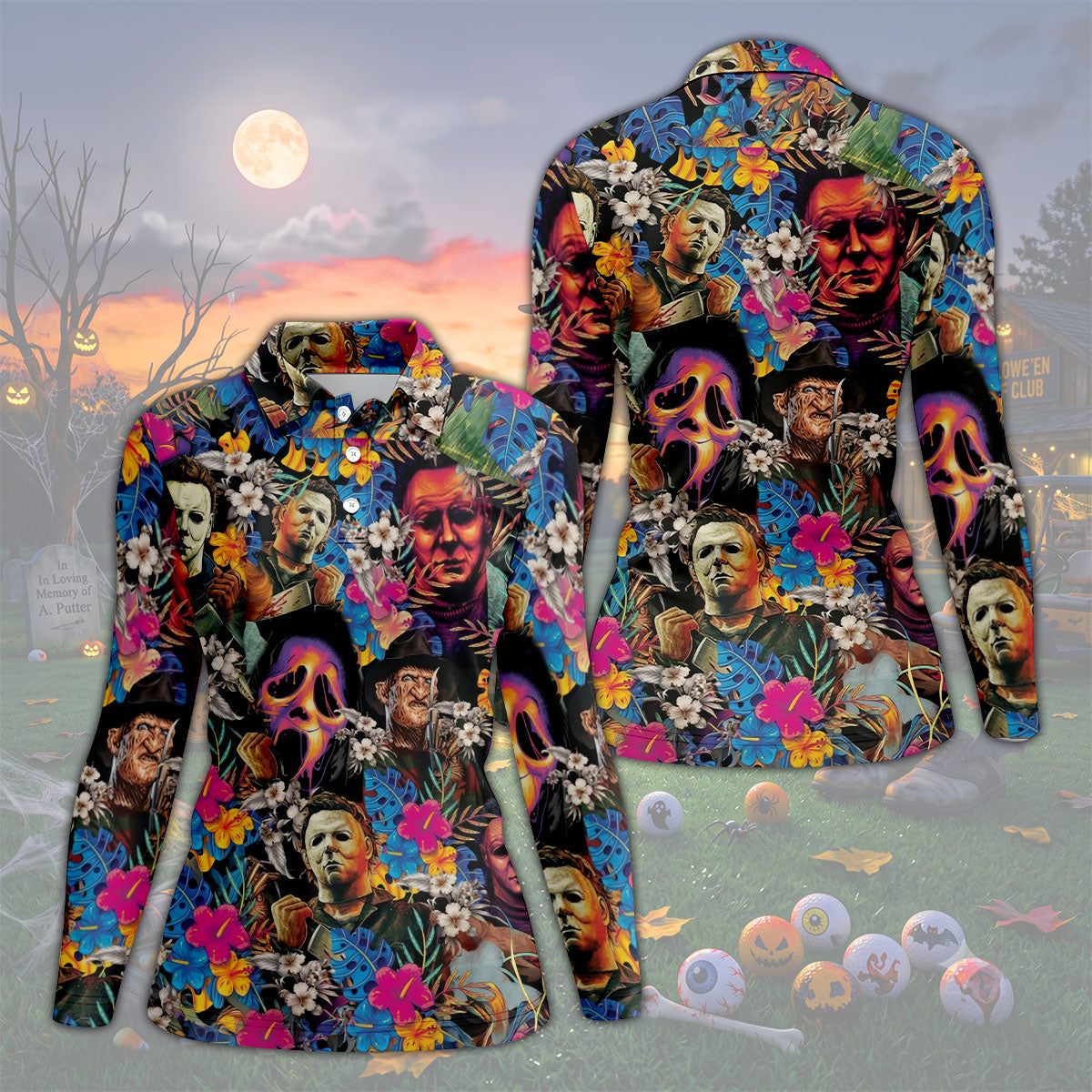 Tropical Horror Character Hawaiian Golf Shirt, Women's Golf Polo, Halloween Golf Apparel