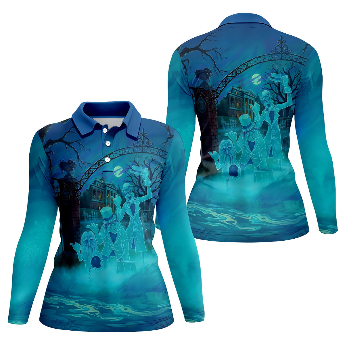 Ghost Trio At Haunted House Gate Halloween Polo Shirt, Women’s Golf Polo, Ladies Golf Top