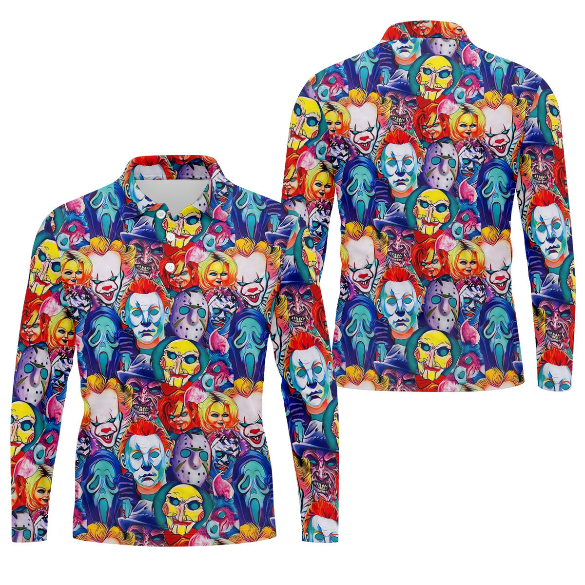 Colorful Horror Character Faces Halloween Polo Shirt, Mens Golf Shirts, Mens Polo Shirts