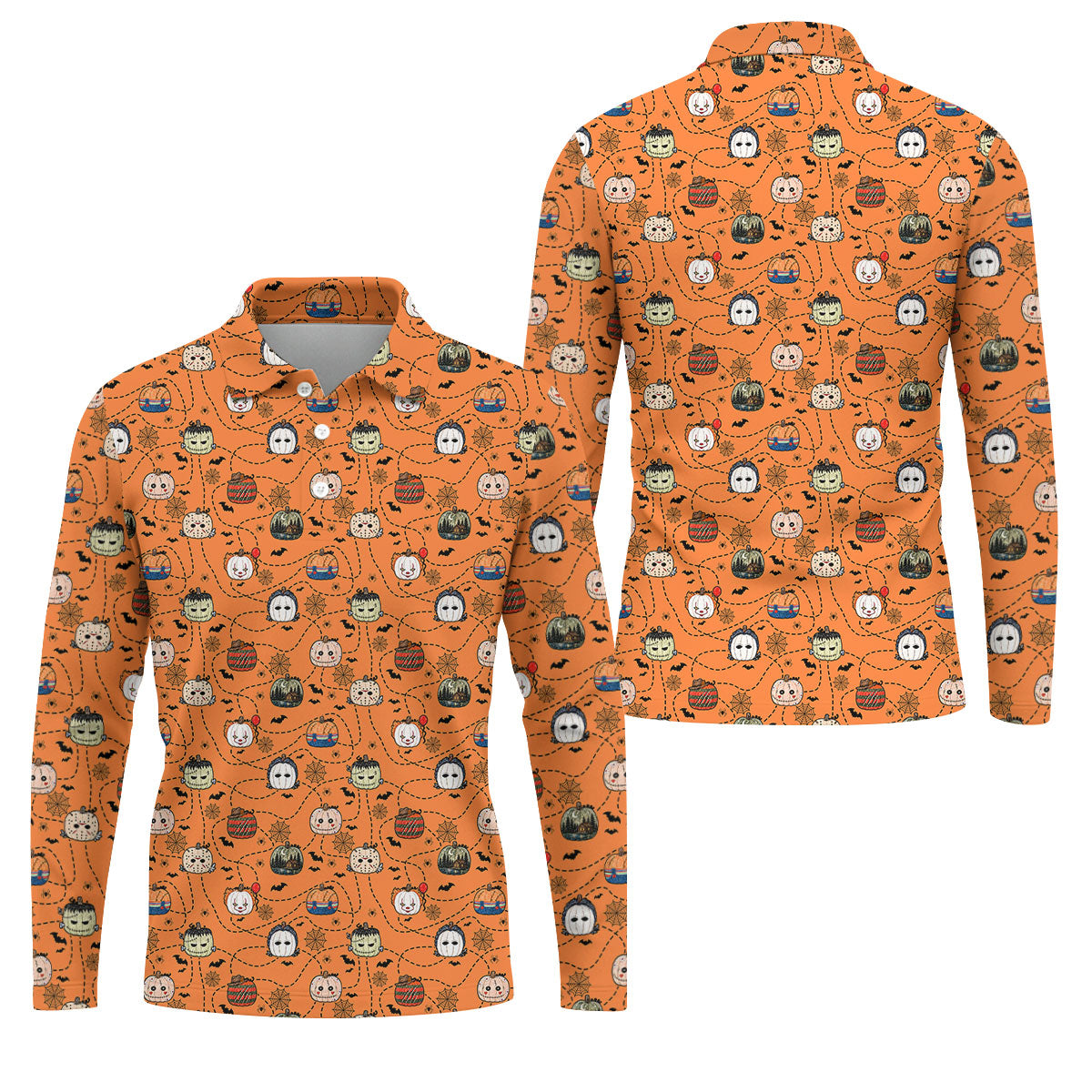 Orange Horror Character Pumpkin Pattern Golf Polo Shirt, Printed Golf Shirts, Mens Golf Polo