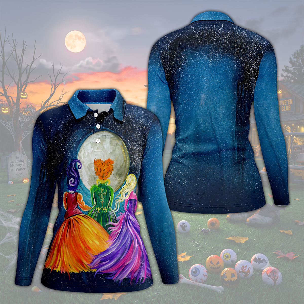 Moonlit Witch Sisters Halloween Polo Shirt, Golf Shirts For Women, Women’s Golf Apparel