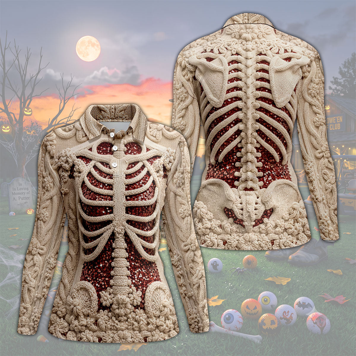 Knitted Skeleton Sequin Halloween Polo Shirt, Golf Shirts For Women, Womens Golf Tops