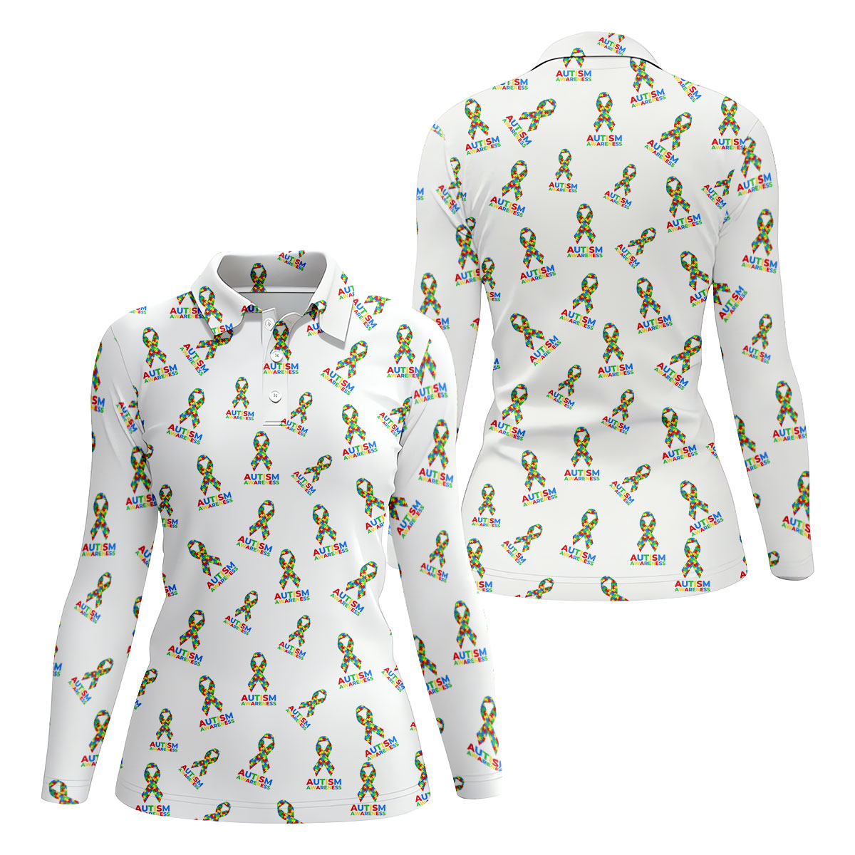 Autism Awareness Colors Autism Ribbon White Golf Shirt, Women's Golf Tops, Ladies Golf Polos